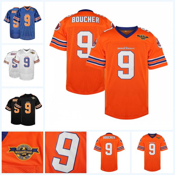 9 Bobby Boucher Hombres Adam Sandler Bobby Boucher PELÍCULA The Waterboy Mud Dogs Camiseta de fútbol con parche Bourbon Bowl Naranja Blanco Azul S-3XL