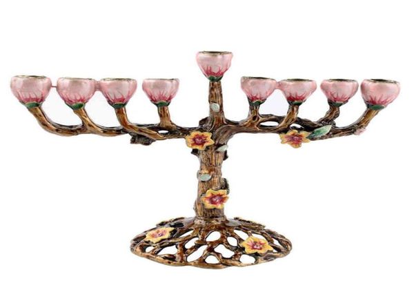 Bougeoirs Hanukkah Menorah à 9 branches, bougeoir Antique avec arbre de fleurs, H220419258N2719311