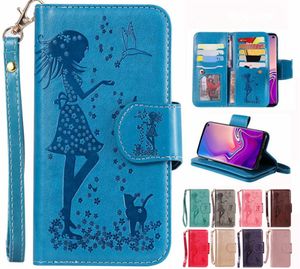 9 emplacements pour cartes folio portefeuille en cuir végétalien shell builltin miroir dame portrait chat motif support étui pour iphone 11 6s 8 samsung note10