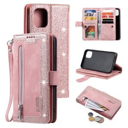 9 kaartslots rits bling glitter handtas flip cases pu lederen magnetische standaard polsband tpu pocket voor iPhone 14 13 12 11 pro max xr x 8 plus Samsung A04E A14 A24 A34 A54