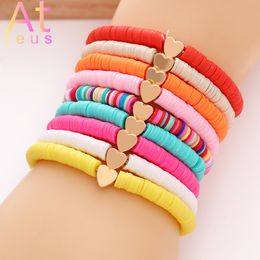 Bracelet à breloques en forme de cœur pour filles, 9 couleurs, multicolore, en argile polymère, perles plates, ensemble de bijoux ethniques Boho pour femmes