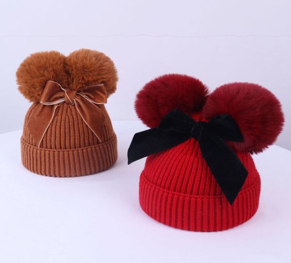 9 couleurs bébé Pom Pom bonnet bonnet enfant en bas âge enfants bébé filles hiver chaud Crochet tricoté chapeau Double fourrure boule arc chapeaux accessoires M3126693508