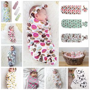 9 couleurs infantile floral coton couverture d'emmaillotage 2 pièces ensemble sacs de couchage enveloppe en mousseline + bandeau nouveau-né bébé pyjamas bandeau AAA482