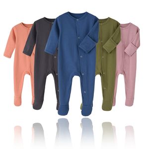 9 kleuren pasgeboren baby effen jumpsuits lange mouw een stuk bodysuit kids kleding jongens baby meisjes romper gewoon gebreide katoenen voeten M3651