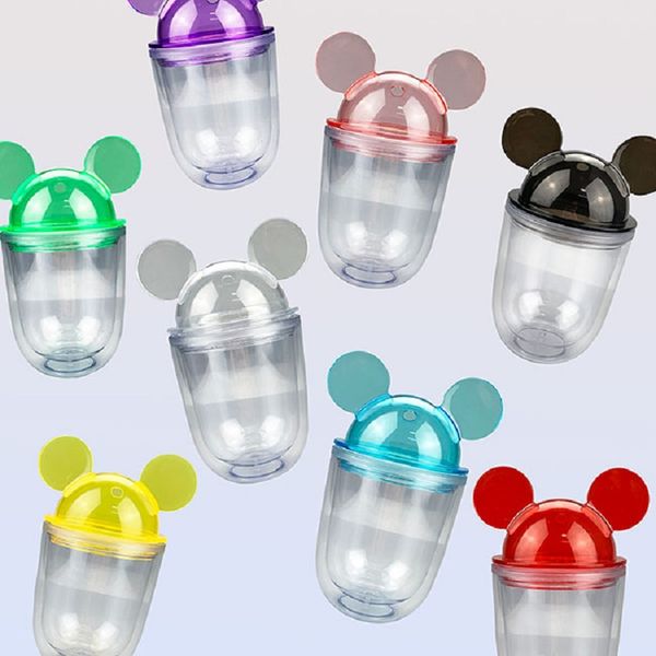 9 couleurs ! Petits gobelets d'oreille de souris en acrylique de 12 oz avec paille à arc rouge gobelet à couvercle en dôme en plastique transparent pour enfants fêtes d'enfants bouteilles d'eau à double paroi de dessin animé mignon