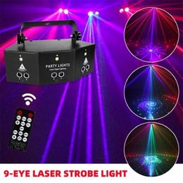 9-Eye RGB disco DJ lampe DMX Remote commande stroboscopieur Light Halloween Christmas Bar Party LED Laser Projecteur Home Decor Y201015231U