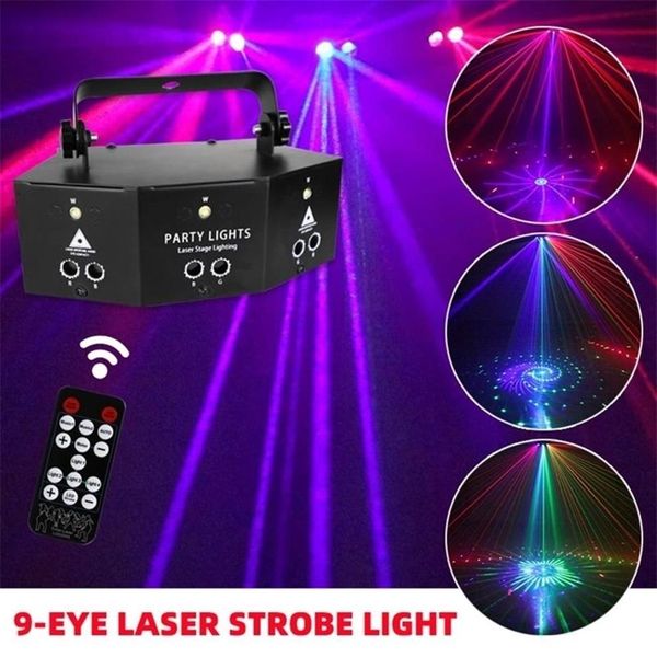 9 yeux RVB Disco Dj Lampe DMX Télécommande Stroboscope Lumière De Scène Halloween Noël Bar Fête Led Laser Projecteur Décor À La Maison Y201015295n