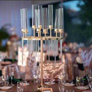 9 hoofden goud metaal kandelaar kandelabra kaarsenhouders stands bruiloft Grand Event tafel centerpieces Flower vazen ​​Road Lead Party Decoratie