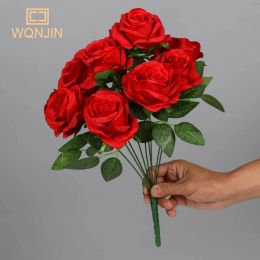 Ramo grande de rosas de 9 cabezas con seda Artificial, ramo para fiesta de boda, decoración de mesa para el hogar y la sala de estar, flores falsas