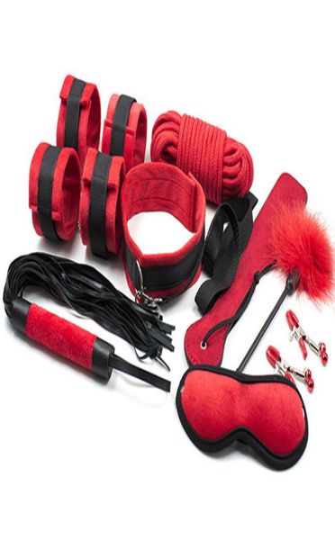 Jeux pour adultes 9 en 1, pagaie de fessée, poignet, cheville, manchettes, bouchon de bouche, Clips de mamelon, masque pour les yeux, jouet de Bondage, Kits9542594