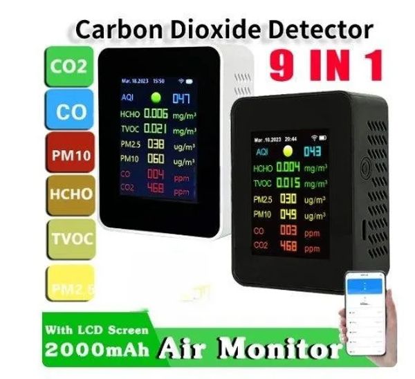 9 en 1 Detector de gas Sensor de CO2 Temperatura digital Probador de humedad LCD PM2.5 PM10 HCHO TVOC CO Medidor Monitor de calidad del aire 240320