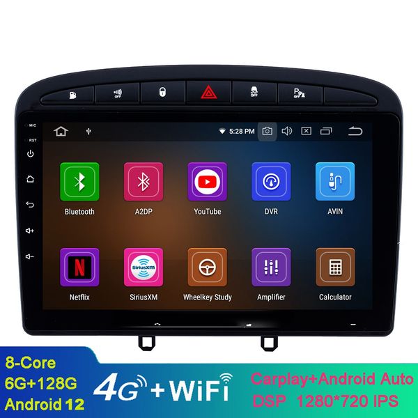 Stéréo vidéo de voiture Android 9 pouces pour 2010 2011 Peugeot 308 408 avec lien miroir Bluetooth OBD2 4G WiFi AUX