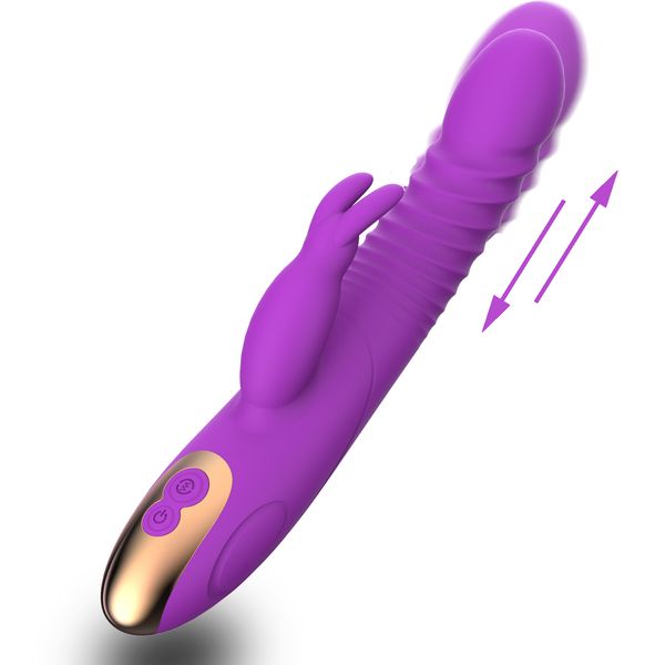 Vibrador de conejo de punto G de 9 pulgadas 8 + 7 velocidades 3 Motor Dispositivo de masturbación de palo de masaje giratorio femenino telescópico dual Dildo Juguetes sexuales para adultos para mujer Pareja Novia