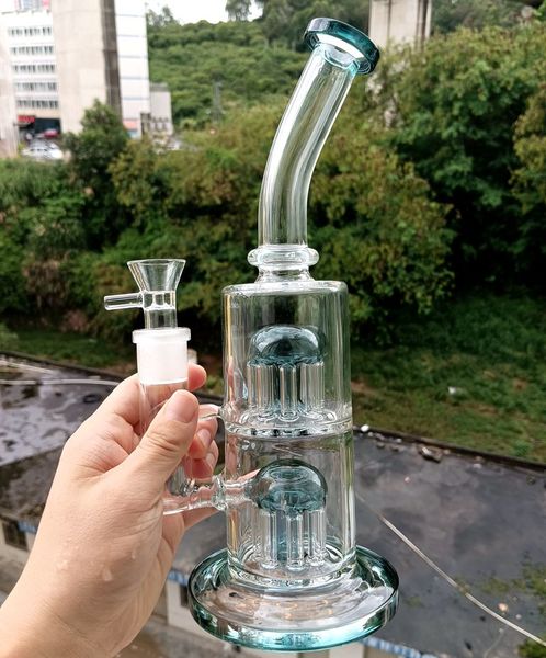 Cachimbas de vidrio de 9 pulgadas Tipo recto Bongs de agua con brazo de árbol doble Perc Tubos para fumar hembra de 14 mm