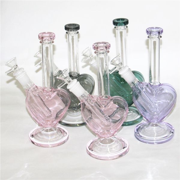 Bongs de agua de vidrio con forma de corazón de 9 pulgadas para pipas de agua al por mayor, plataformas petrolíferas de color rosa, burbujeador con recipiente de 14 mm, colector de cenizas masculino