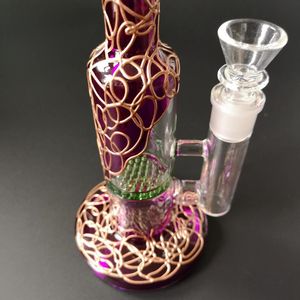 Bongs en verre capiteux gc de 9 pouces avec plate-forme pétrolière Perc, tube droit violet, fil de cuivre, plates-formes pétrolières Dab avec bol, conduites d'eau WP533