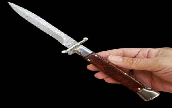 9 pouces italien mafia damascus couteau automatique couteau extérieur serpent en bois de chasse à la chasse infidèle