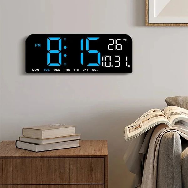 Reloj de pared digital grande de 9 pulgadas Temperatura Fecha Semana Temporización Cuenta regresiva Reloj de mesa con sensor de luz 2 Alarma 1224H Reloj despertador LED 240327