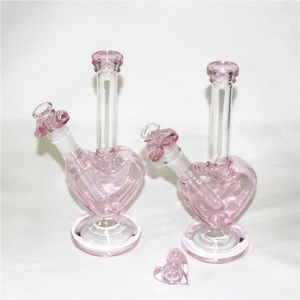 Narguilé 9 pouces Bong en verre rose avec bol en verre en forme de coeur Shisha Beaker Dab Rig Fumer Pipe à eau Filtre Bubbler ash catcher