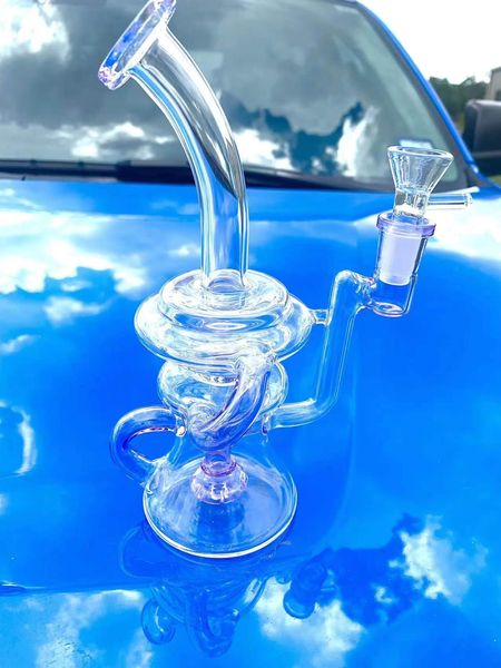 9 pulgadas 23 CM Hookah Purple Round Filter Glass Bong Recycler Pipes Water Bongs Bottles Dab Rig Size 14mm Female Joint US Warehouse