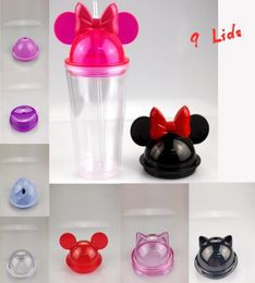9 couvercles tasses appropriées Tasse d'oreille de paille transparente avec souris 450 ml de souris à eau gobelers oreilles en plastique bouteilles en acrylique portable enfant mignon 154336146