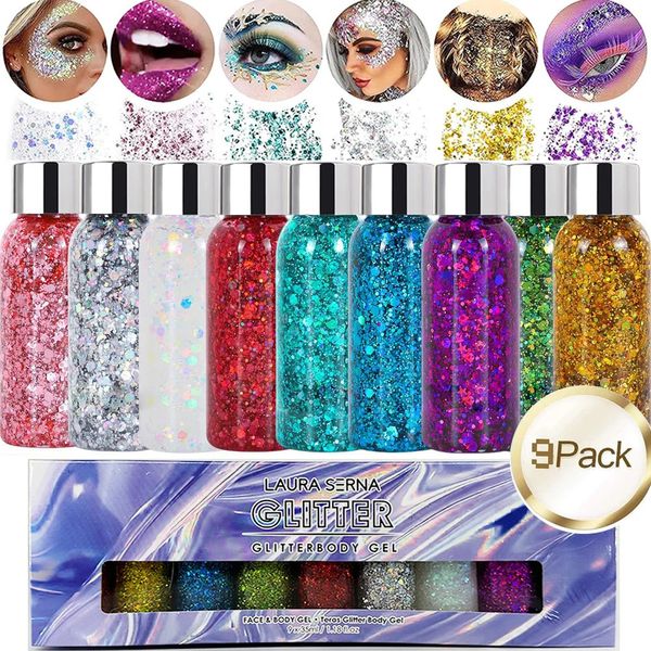 9 Pack Face paillette gel sirène paillette Chunky Glitter Bar maquilleur Hair Hair Doeshadow Body Glitter Glue for Party Festival Makeup 240415