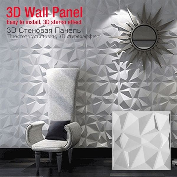 9 PCS 30x30cm 3D Wallboard Géométrique Cut Diamant Bois Sculpté Sticker Mural 3D Fond Sticker Mural Décor Panneau Maison Décor T200601