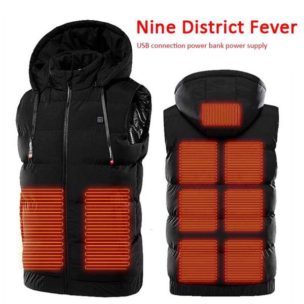 Veste chauffante 9 places, chargement USB, vêtements thermiques imperméables, gilet de chasse, veste chauffante d'hiver, noir M-7XL 220114