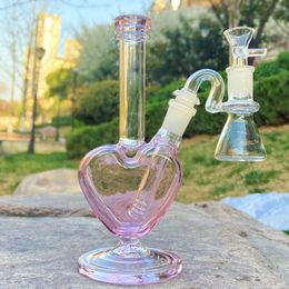 Pipe à eau en verre en forme de coeur rose de 9 "Bong Bubbler Hookah Percolator Bol à tabac avec bol à glissière de 14 mm