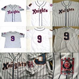 # 9 Roy Hobbs 1984 New York Knights The Natural Movie Button Down Baseball Jersey 100% Stitched Custom Jerseys Grijs Wit Gratis Verzending