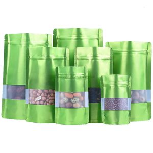 Sac en aluminium vert debout de 9 tailles, avec fenêtre transparente, pochette en plastique, fermeture éclair, sac d'emballage de stockage des aliments refermable LX2693