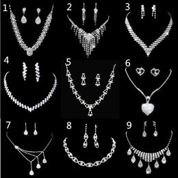 9 estilos Conjuntos de joyas para novia Pendientes Collar para mujer Aniversario de compromiso Diamante de imitación blanco Perla Chapado en plata Sudamericano Día de San Valentín