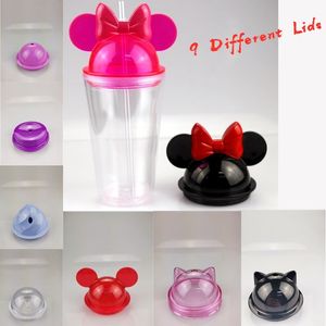 9 Geschikte Deksels 15oz Clear Mouse Ear Tumblers met stro 450 ml Muis Oren Mok Acryl Plastic Waterflessen Leuke Kid Cups GGD2331