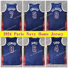 9 Tyrese Haliburton USA Team Basketball Jerseys James 5 Anthony Edwards Kevin Durant 8 Kawhi Leonard 4 Stephen Curry 2024 Paris Home Jersey Gedrukt