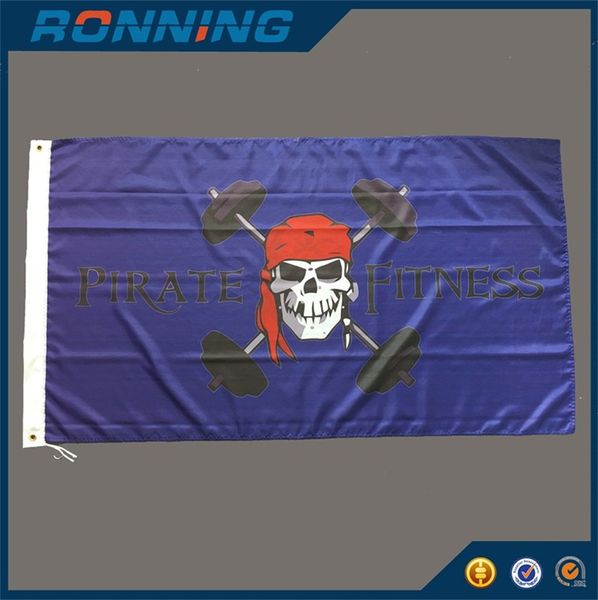 90 * 150 cm Pirate Fitness Flag 3 x 5 ft Fondo azul Tejido de poliéster 100D de alta calidad Impreso para decoración o Halloween, envío gratis