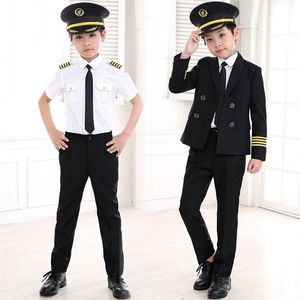90-160cm Kids Pilot Kostuums Carnaval Halloween Party Wear Flight Attendant Cosplay Uniformen Kindervliegtuigen Kapitein Kleding