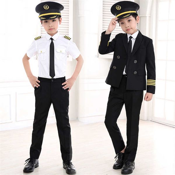 90-160 cm enfants pilotes Costumes carnaval Halloween fête porter hôtesse de l'air Cosplay uniformes enfants avion capitaine vêtements Q0910