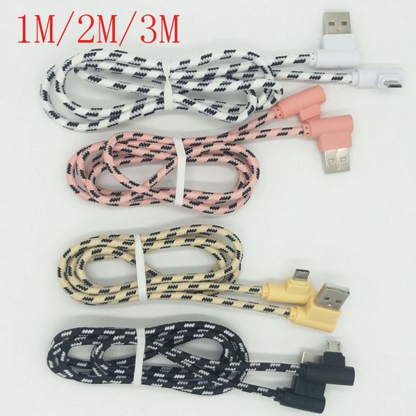Cables de la sincronización del cargador de doble codo de 90 grados Cables de carga Micro USB de nylon trenzado Micro USB Tipo C para Xiaomi Samsung