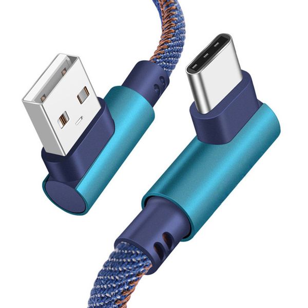 Jeans de 90 grados Tipo C Cable USB Cables de cargador rápido Datos trenzados Smartphone Teléfonos Android denim trenzado Cable micro USB Nuevo 3 pies 6 pies 1 m 2 m