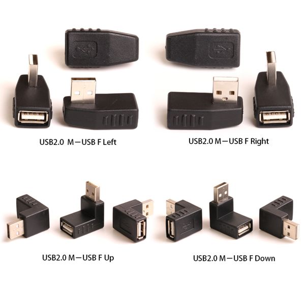 Convertidor de conector adaptador M/F hembra, 90 grados, izquierda, derecha, arriba, abajo, en ángulo USB 2,0 macho a hembra