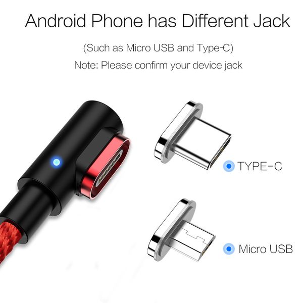 Cable magnético de 90 grados usb c Micro usb Tipo C Cable de carga rápida L-Line Micro usb Tipo-C Cargador magnético Ángulo recto