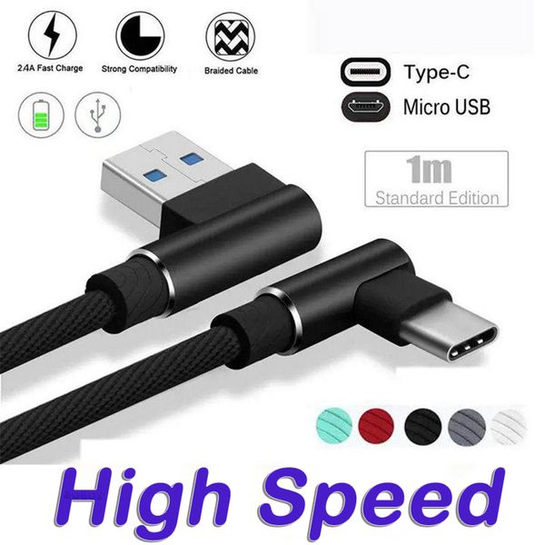 Cable micro USB de 90 grados 1m 2m 3m 2A Cables de carga rápida Trenzado Tipo C Línea de datos para Samsung S10 S9 S8 NOTA 8 10 Teléfonos inteligentes con Android
