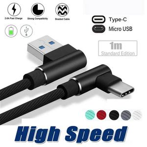 90 graden Micro USB-kabel 1m 2M 3M 2A Fast Charger Cords Gevlochten Type C Datalijn voor S20 S10 S9 S10 Opmerking 20 Smartphone Android-telefoons