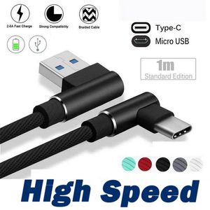 90 graden Micro USB Telefoon Kabels 1m 2M 3M 2A Fast Charger Cords Gevlochten Type C Data Line voor Samsung S10 S9 S8 Opmerking 8 Smartphone Android-telefoons