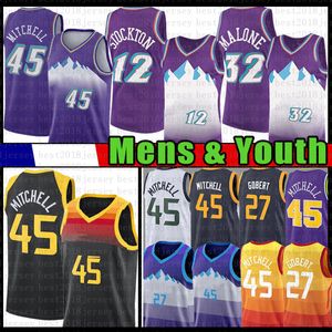 Donovan Mitchell Rudy Gobert Basketball Jersey John Stockton Karl Malone Chemises pour hommes Maillots pour jeunes pour hommes 45 27 12 32