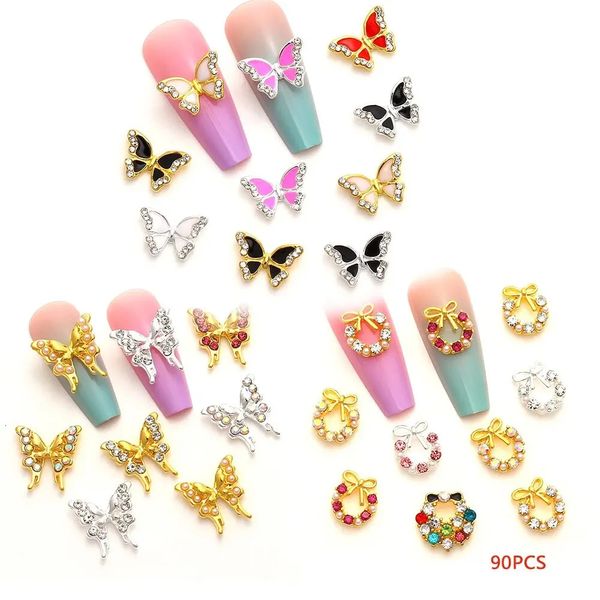 90 PCSset 3d Luxury Butterfly Shape Metal Nail Art Decorations Bijoux brillants strass de perles de perles