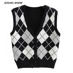 90's vintage zwart wit grijs plaid gebreide trui vest preppy stijl Koreaanse kleding v-hals mouwloze vest y2k knitwear 210429