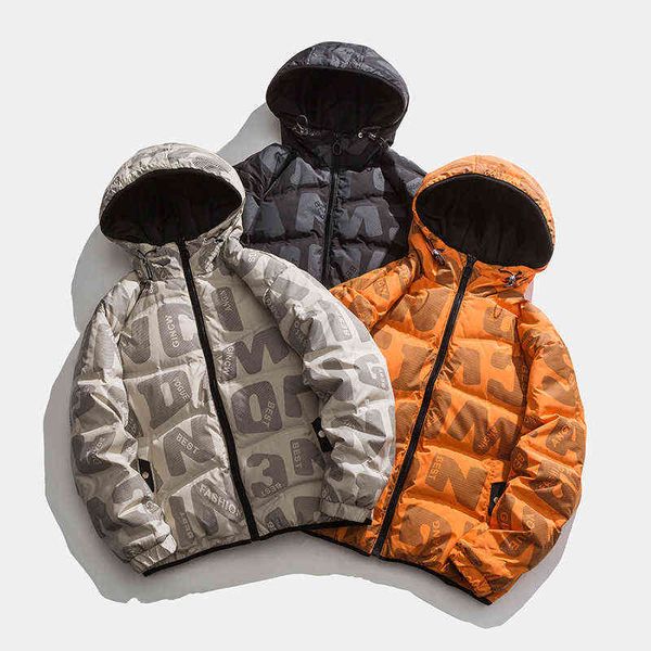90 terciopelo hombres tendencia de invierno personalidad letra impresión casual con capucha gruesa chaqueta cálida T220802