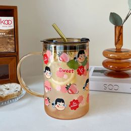 Bouteille d'eau en verre aux fraises de 900ml, tasse à café mignonne, gobelet Portable, tasse de jus de thé au lait avec couvercle, verres en paille, 240102