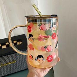 900 ml Kawaii Aardbei Glas Water Fles Grote Capaciteit Cup Mok Tumbler Draagbare met Deksel Stro Drinkware Melk Thee Glazen beker L230620